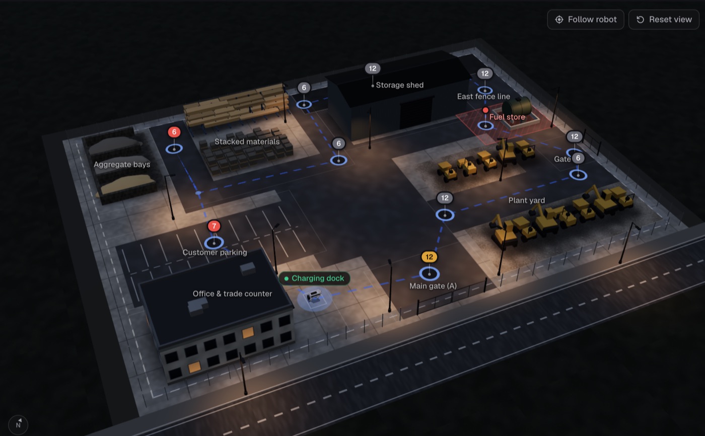 Patrol's console: a 3D map of a builders' yard with the robot's patrol route, its charging dock, and alerts pinned where they happened