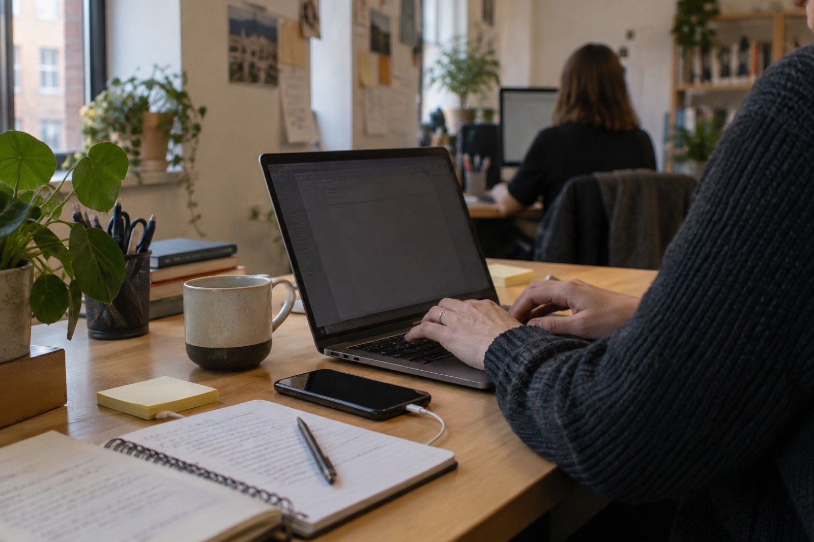A laptop on a small office desk in morning light